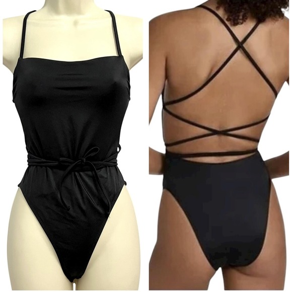 Good American One Piece Swimsuit Womens Small (1) Black Strappy Back Tie NWT - Picture 1 of 14